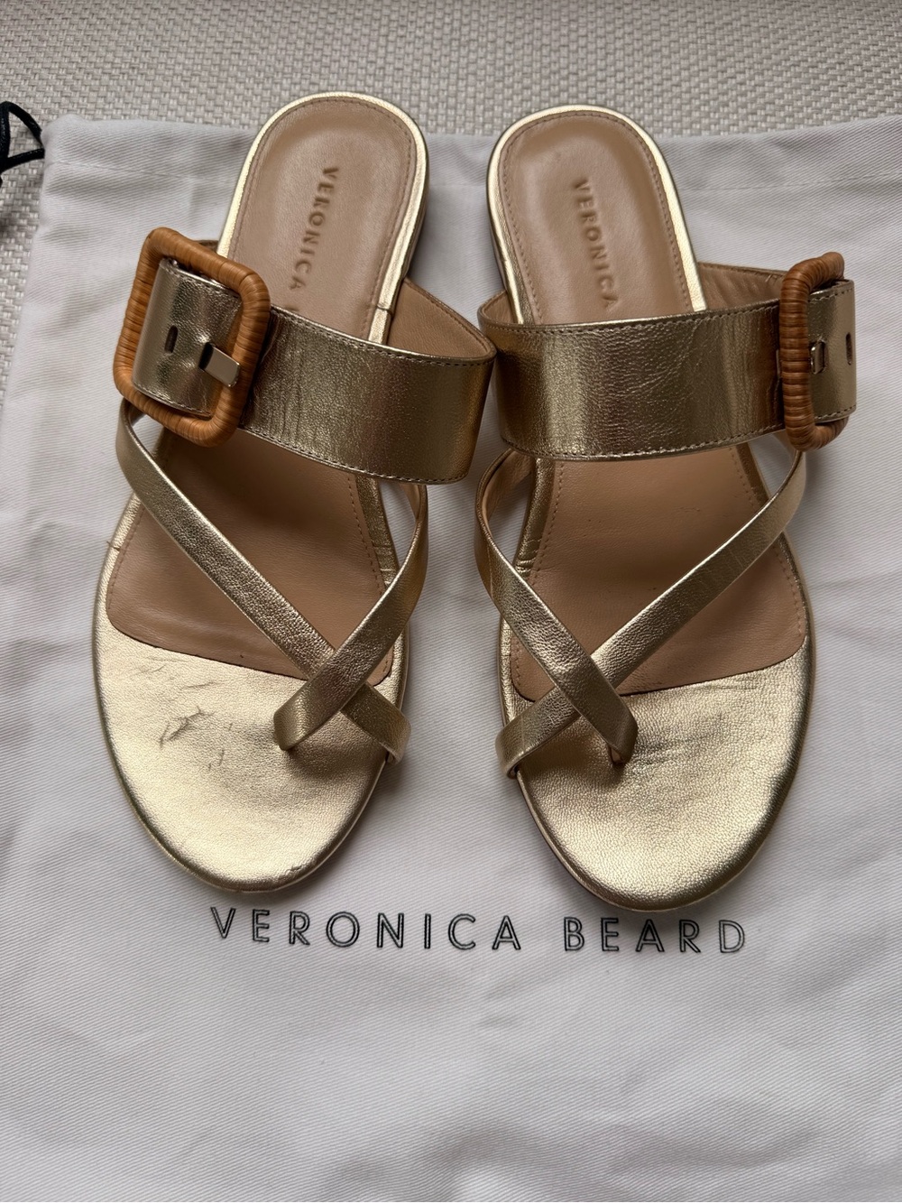Veronica Beard Metallic Gold Leather Slide Sandals with Buckle